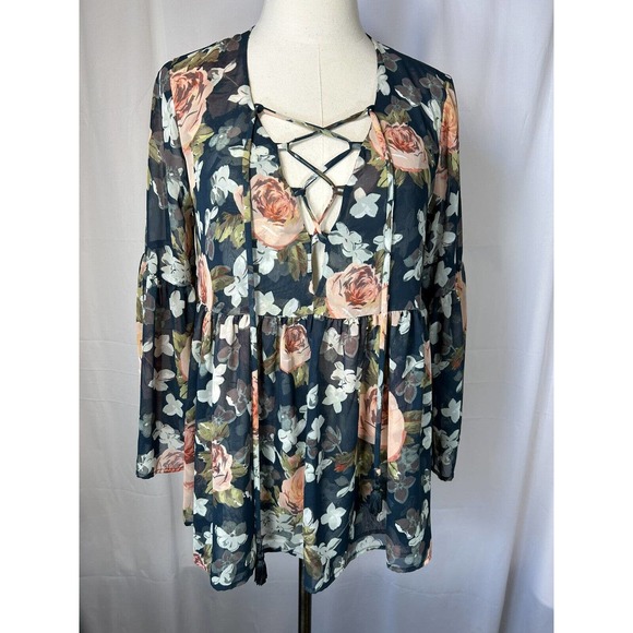 Show Me Your MuMu Tops - Show Me Your Mumu Womens Sz M floral Bell Sleeve Blouse black and pink see thru
